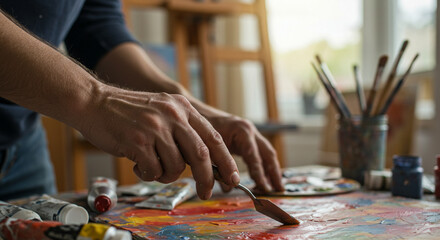 Obraz premium An artist paints a picture with a brush