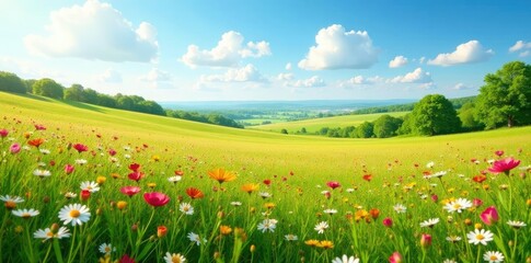 Meadow landscape with meadowsweet and wildflowers, meadow, countryside