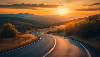 Fototapeta premium Photo Winding Road Sunset Landscape Mountains Nature Scenic Travel Journey Destination