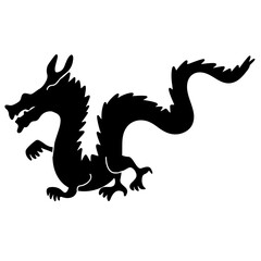 Dragon silhouette, Chinese zodiac, horoscope symbol, icon. Black oriental monster, magic fantasy legend animal shadow profile, side view. Flat vector hand drawn illustration.