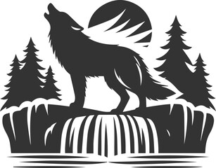 A wolf howling while standing on the edge of a waterfall animal vector silhouette