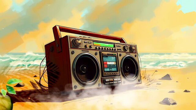 Boombox on the Beach. Suitable for summer vibes, reggae, or hip hop music. Seamless looping time lapse animation video background, lo-fi art