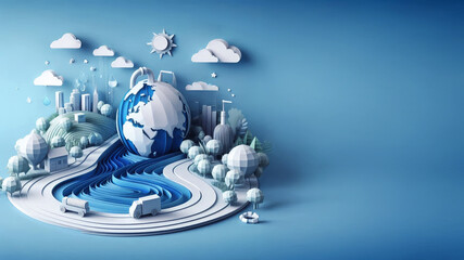 Sustainable Development of a 3D Paper Art Vision of a Healthy Planet, Earth Water day, Copy Space 
