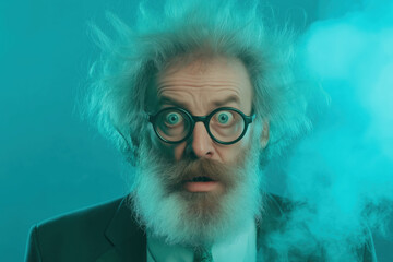 Man with messy hair and glasses on turquoise background. Emotion concept