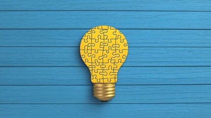 Solving a Puzzle with a Glowing Idea, Puzzle light bulb on a blue wooden surface.