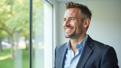 Fototapeta premium A happy businessman looks out the window, summer, day