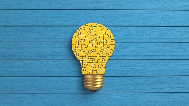Solving a Puzzle with a Glowing Idea, Puzzle light bulb on a blue wooden surface.