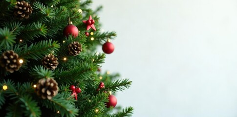 Garlands of greenery draped over the branches of a fully decorated Christmas tree, festive, holly, wreath