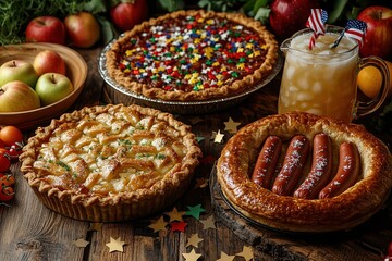  Three delicious pies with golden crusts, sausages, and colorful toppings, rustic wooden table, fresh apples, patriotic decorations, festive American feast.