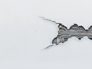 Cracked cement wall revealing hidden circuitry beneath