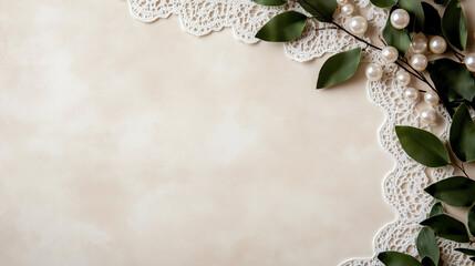 Vintage lace border with pearls and leaves with copy space. Wedding design elements
