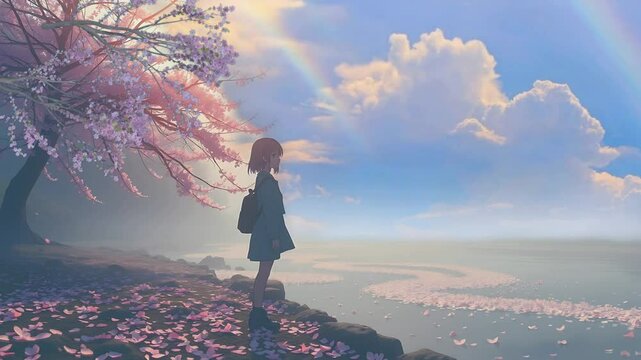 Girl Under Cherry Blossoms with Rainbow and Clouds. Suitable for J-pop, anime soundtrack, or uplifting music. Seamless looping time lapse animation video background, lo-fi art.