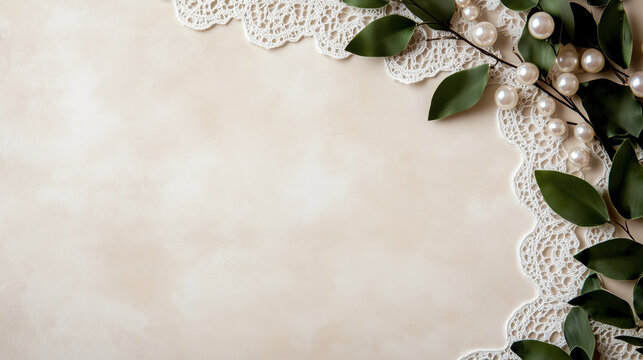 Vintage lace border with pearls and leaves with copy space. Wedding design elements