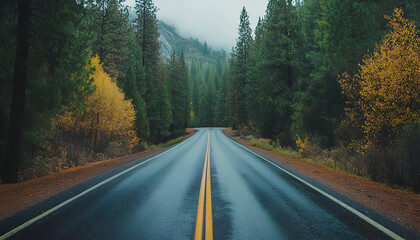 Fototapeta premium Photo - Winding Road through Autumn Forest - Fog, Trees, Leaves, Wet Asphalt, Journey, Drive, Nature, Fall Colors, Landscape