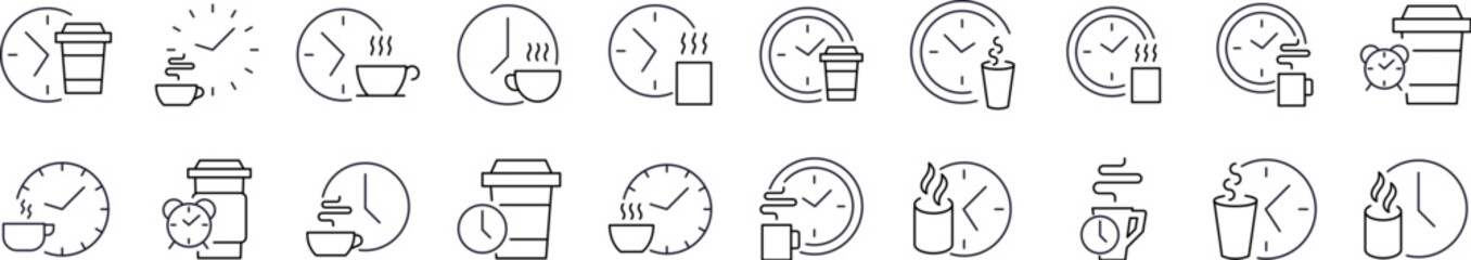 Fototapeta premium Coffee Break Line Icon Set. Coffee and Clock Outline Signs for Graphic and Web Design, Apps, Adverts, Various Cards