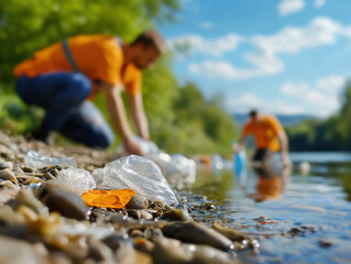 Volunteers collecting plastic waste by river on sunny day