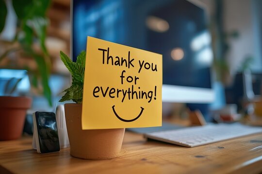  Employee leaving sticky note on boss’s computer reading "Thank you for everything!" with smiley face, capturing simple gesture of gratitude and appreciation.