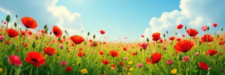 A colorful meadow filled with wild red poppies and other spring wildflowers, nature, colorful meadow