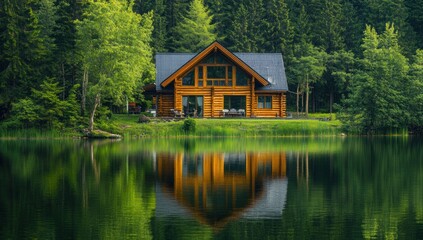Obraz premium Dream Lake House Reflection in Lush Forest
