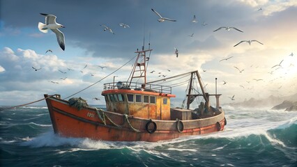 Obraz premium Seafaring Harvest: A robust fishing boat battles the tempestuous sea, seagulls circling overhead in a dramatic display of maritime life.