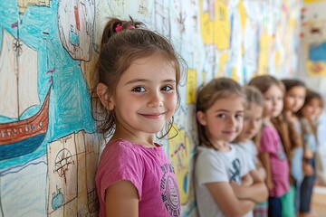  Group of children in classroom working on colorful Columbus Day map project, drawings of ships and New World on walls, capturing learning, creativity, and history.
