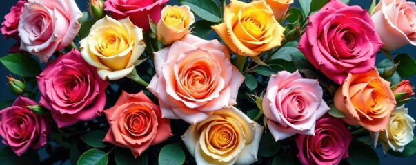Fototapeta premium A colorful bouquet of mixed rose colors and foliage, arrangement, floral, flowers