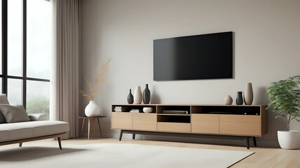 Modern home living room interior with tv display and sideboard with decoration near panoramic window