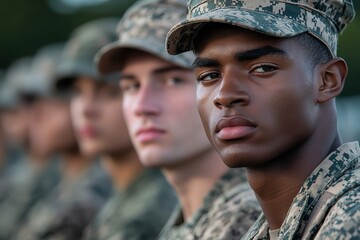  Service members from Army, Navy, Air Force, Marines, and Coast Guard standing together, united in duty, pride, and commitment to protecting their nation.