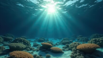 Fototapeta premium Underwater view of bleached coral reef with sun rays filtering through clear ocean water 