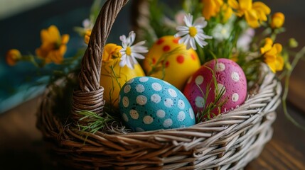 Wicker basket with painted Easter eggs and spring flowers