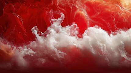 Obraz premium Vibrant red liquid with dynamic white foam and swirling abstract textures
