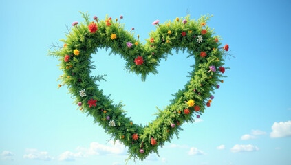 green plants and heart-shaped flowers against a blue sky background
