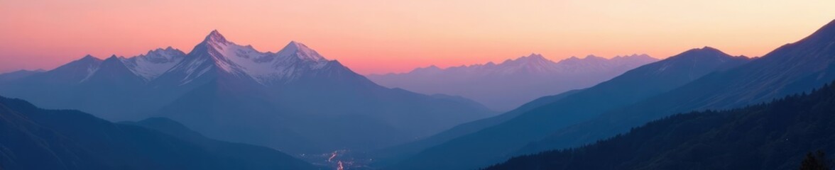 Obraz premium Soft peach light illuminates mountainside at dusk, mountains, warm tones