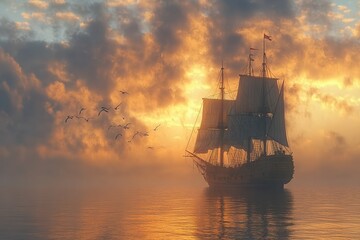 Fototapeta premium Tall ship with billowing sails gliding across golden sunrise sea, reminiscent of Christopher Columbus’s voyage, seagulls soaring above, symbolizing exploration and discovery.