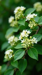 Fototapeta premium Dense clusters of small white flowers adorn the ceratostigma plumbagoides tree, plant details, dense clusters, floral arrangement