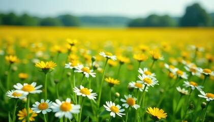 Obraz premium A colorful carpet of white and yellow flowers covers the green meadow, meadow flowers, sunflower field