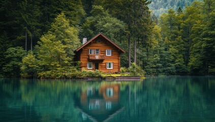 Obraz premium Serene Lakeside Log Cabin: A Tranquil Escape in the Mountains