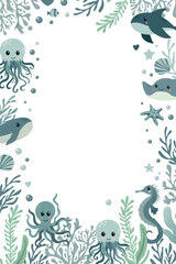 Vector rectangle frame with marine animals and boats in flat design. Template with whale, octopus, seahorse, stingray. Border with underwater sea animals. Marine life.