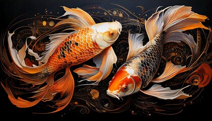 Stunning digital artwork of two koi fish, one white and gold, the other vibrant orange, surrounded by intricate swirling patterns on a dark background. Luxurious and decorative