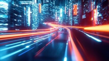 Futuristic City Nightscape: High-Speed Drive Through Neon Lights
