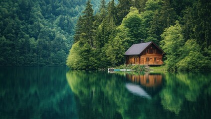 Obraz premium Secluded Wooden Cabin by a Tranquil Lake Nestled in Lush Green Forest