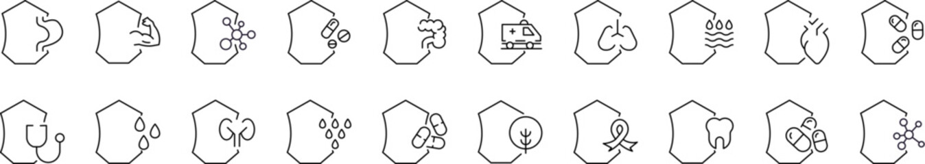 Health, Water, Tree Editable Strokes Drawn with Thin Line. Collection of Various Design Elements that Can Be Used for Apps, Articles, Web Sites, Social Media