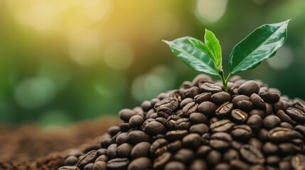 Obraz premium Fresh Coffee Beans with Sprout on Rustic Background in Natural Light