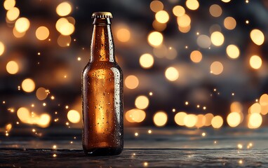 Beer bottle on rustic wooden table, festive bokeh background, drinking, party
