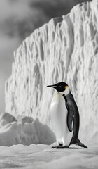 Fototapeta premium Penguins in the snow, posing in Antarctica. The scene takes place on a snowy plain and a vast sky in the background