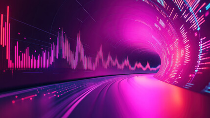 vibrant digital tunnel with dynamic data visualizations and neon lights
