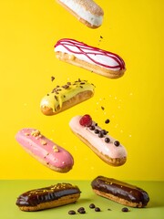  A dynamic composition of éclairs in pastel and chocolate glazes, suspended mid-air with a bright yellow background, decorated with fruit and sprinkles.