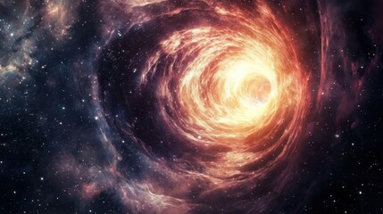 A deep-space nebula collapses into a glowing singularity, forming a surreal vortex of stardust