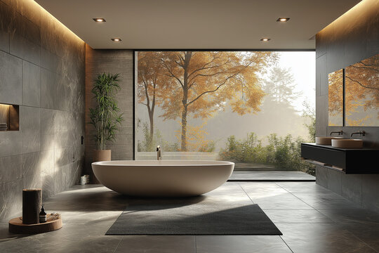 Photographie immobili&egrave;re d&rsquo;une salle de bain moderne spacieuse avec des murs en pierre naturelle, un &eacute;clairage encastr&eacute; et une esth&eacute;tique minimaliste. HDR, 3D, design, tendance, architecte