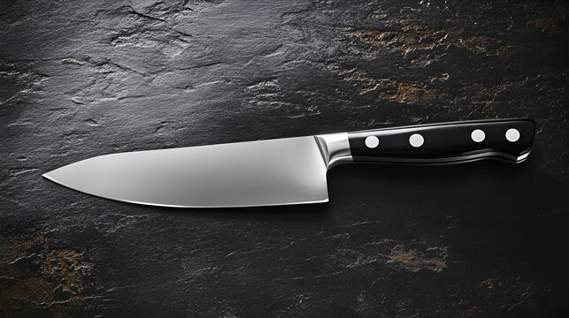 Kitchen old knife on a black stone table. Top view. Free space for your text.